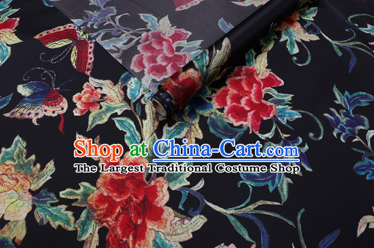 Chinese Classical Butterfly Peony Pattern Black Watered Gauze Traditional Cheongsam Gambiered Guangdong Silk Satin Fabric