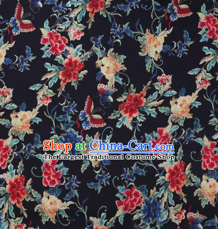 Chinese Classical Butterfly Peony Pattern Black Watered Gauze Traditional Cheongsam Gambiered Guangdong Silk Satin Fabric