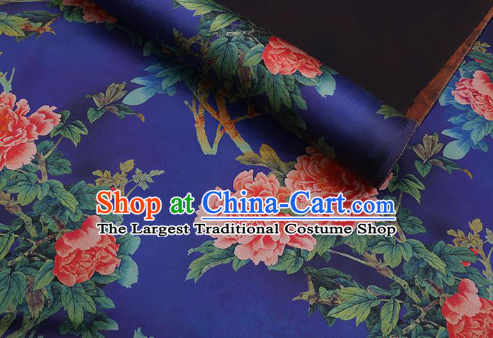 Chinese Classical Peony Pattern Royalblue Satin Fabric Watered Gauze Traditional Cheongsam Gambiered Guangdong Silk