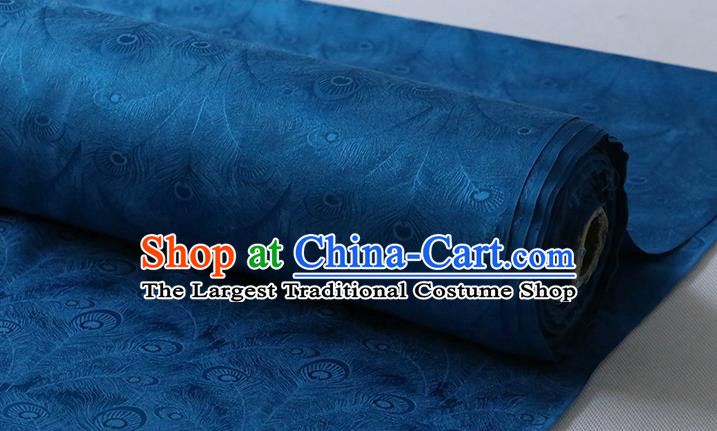 Chinese Traditional Deep Blue Silk Drapery Silk Fabric Classical Phoenix Feather Pattern Cheongsam Jacquard Cloth