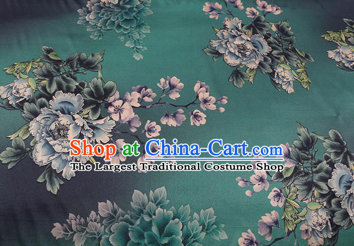 Chinese Silk Drapery Traditional Cheongsam Cloth Classical Peony Pattern Green Satin Fabric