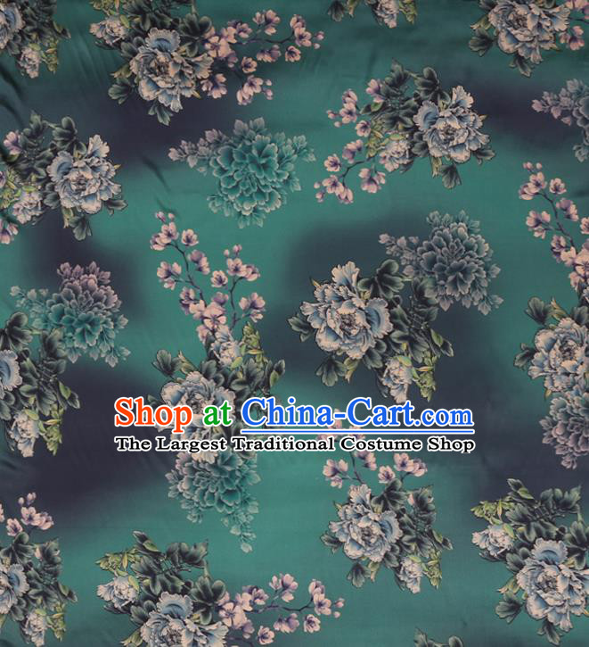 Chinese Silk Drapery Traditional Cheongsam Cloth Classical Peony Pattern Green Satin Fabric
