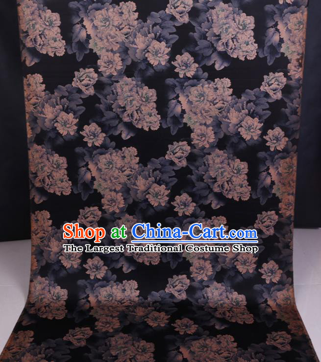 Chinese Classical Peony Pattern Black Watered Gauze Traditional Gambiered Guangdong Silk Cheongsam Fabric
