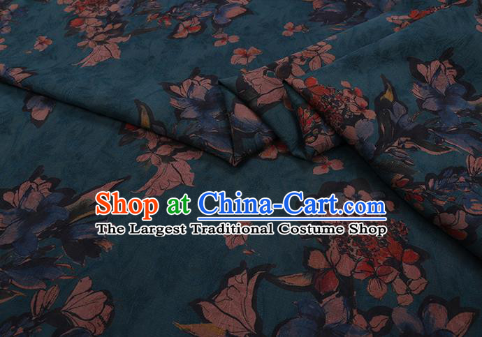 Chinese Watered Gauze Traditional Asian Cheongsam Cloth Drapery Classical Mangnolia Pattern Blue Gambiered Guangdong Silk Fabric