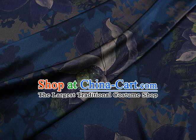 Chinese Traditional Cheongsam Cloth Navy Weave Satin Fabric Classical Lotus Pattern Silk Drapery