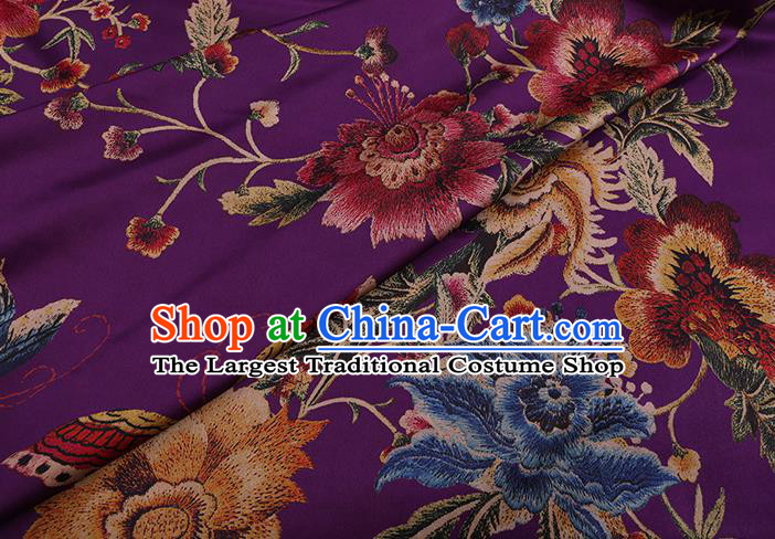 Chinese Cheongsam Satin Fabric Traditional Gambiered Guangdong Silk Classical Peony Butterfly Pattern Purple Watered Gauze