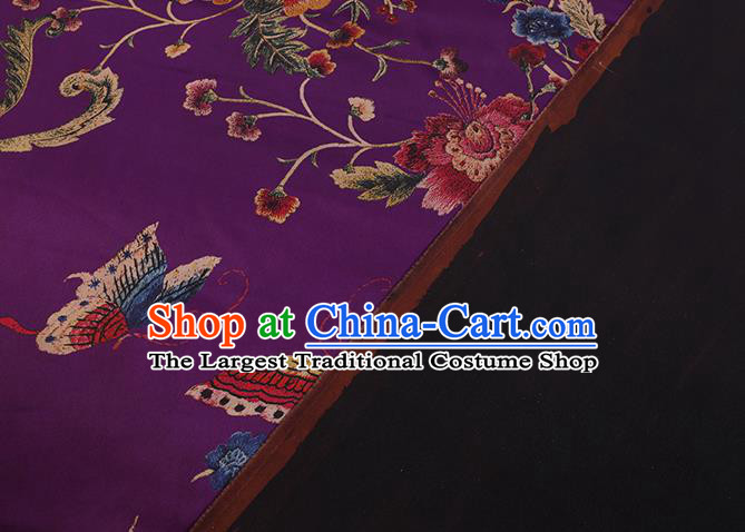 Chinese Cheongsam Satin Fabric Traditional Gambiered Guangdong Silk Classical Peony Butterfly Pattern Purple Watered Gauze