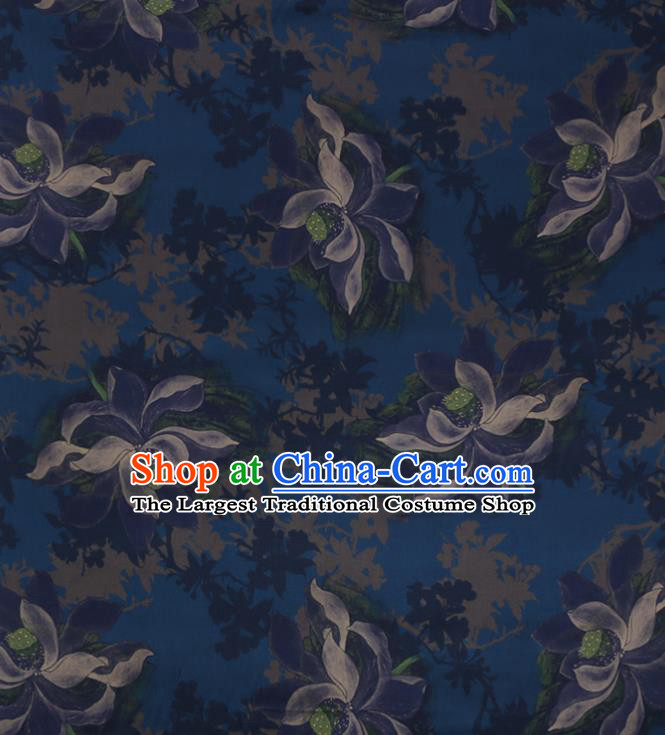 Chinese Traditional Cheongsam Cloth Navy Weave Satin Fabric Classical Lotus Pattern Silk Drapery