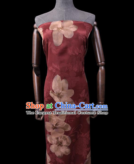 Chinese Classical Flowers Pattern Wine Red Gambiered Guangdong Silk Traditional Cheongsam Satin Fabric Watered Gauze