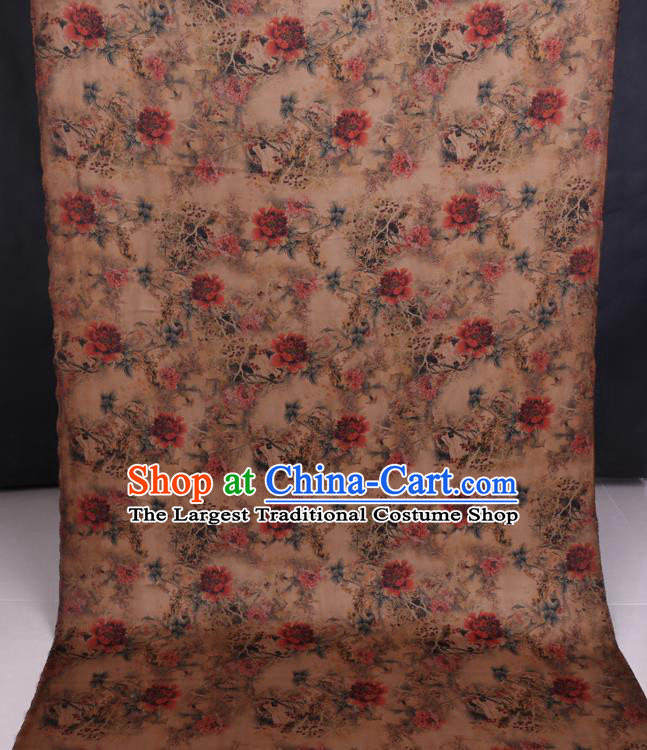 Chinese Classical Peony Flowers Pattern Gambiered Guangdong Silk Traditional Cheongsam Satin Fabric Beige Watered Gauze