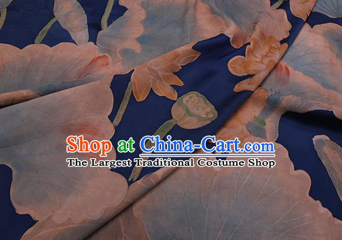 Chinese Classical Lotus Pattern Deep Blue Satin Fabric Traditional Cheongsam Watered Gauze Gambiered Guangdong Silk