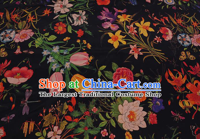 Chinese Classical Camellia Pattern Black Gambiered Guangdong Silk Traditional Cheongsam Watered Gauze Satin Fabric