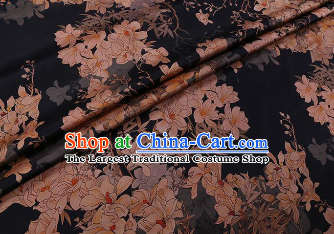 Chinese Classical Magnolia Pattern Gambiered Guangdong Silk Traditional Cheongsam Watered Gauze Black Satin Fabric