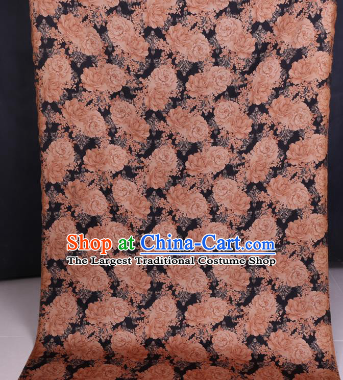 Chinese Gambiered Guangdong Silk Traditional Cheongsam Watered Gauze Classical Peony Pattern Black Satin Fabric