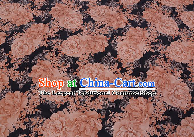 Chinese Gambiered Guangdong Silk Traditional Cheongsam Watered Gauze Classical Peony Pattern Black Satin Fabric
