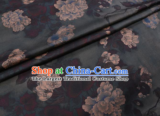 Chinese Classical Peony Pattern Atrovirens Satin Fabric Gambiered Guangdong Silk Traditional Cheongsam Watered Gauze