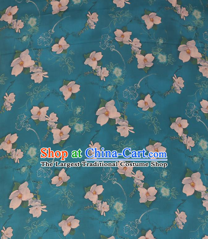 Chinese Classical Flowers Pattern Blue Gambiered Guangdong Silk Traditional Watered Gauze Cheongsam Silk Fabric