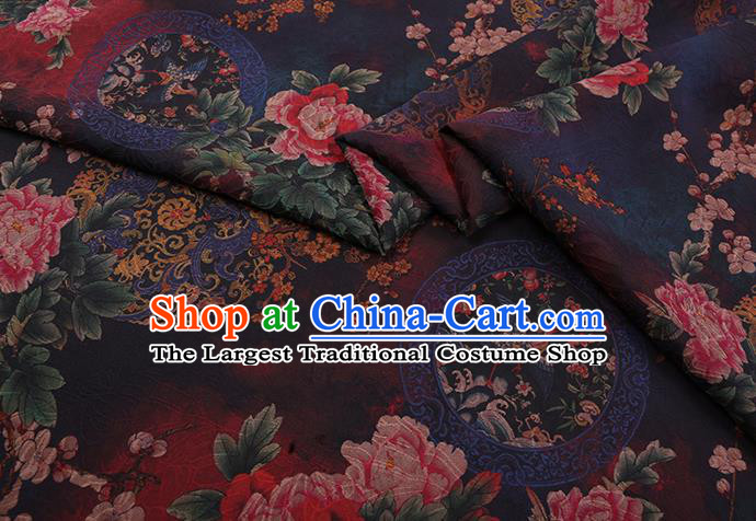 Chinese Cheongsam Silk Fabric Traditional Watered Gauze Classical Peony Pattern Navy Gambiered Guangdong Silk