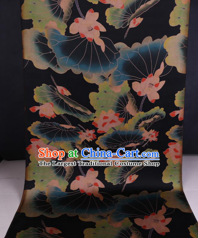 Chinese Classical Lotus Pattern Black Gambiered Guangdong Silk Fabric Traditional Watered Gauze Cheongsam Satin Cloth