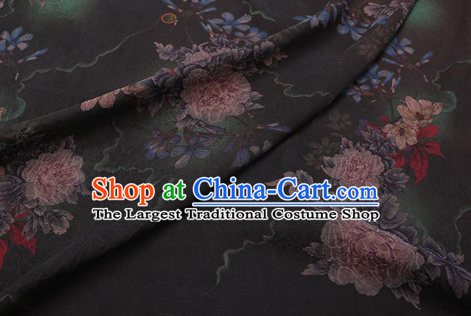 Chinese Traditional Cheongsam Watered Gauze Classical Flowers Pattern Black Gambiered Guangdong Silk Fabric