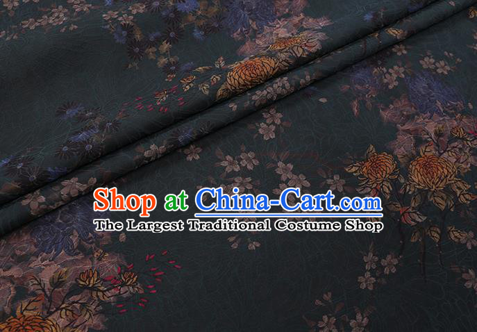 Chinese Traditional Cheongsam Gambiered Guangdong Watered Gauze Classical Chrysanthemum Pattern Dark Green Silk Fabric