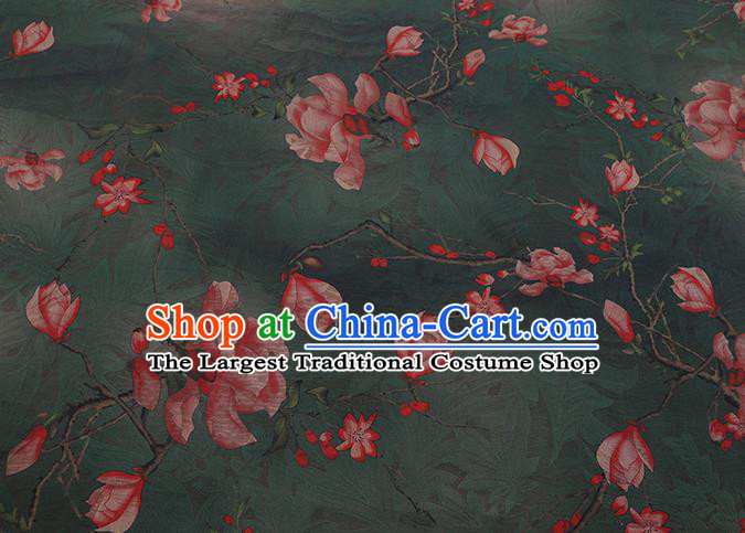 Chinese Classical Mangnolia Pattern Green Gambiered Guangdong Gauze Traditional Cheongsam Silk Fabric