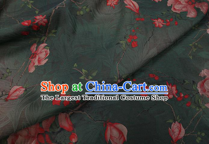Chinese Classical Mangnolia Pattern Green Gambiered Guangdong Gauze Traditional Cheongsam Silk Fabric