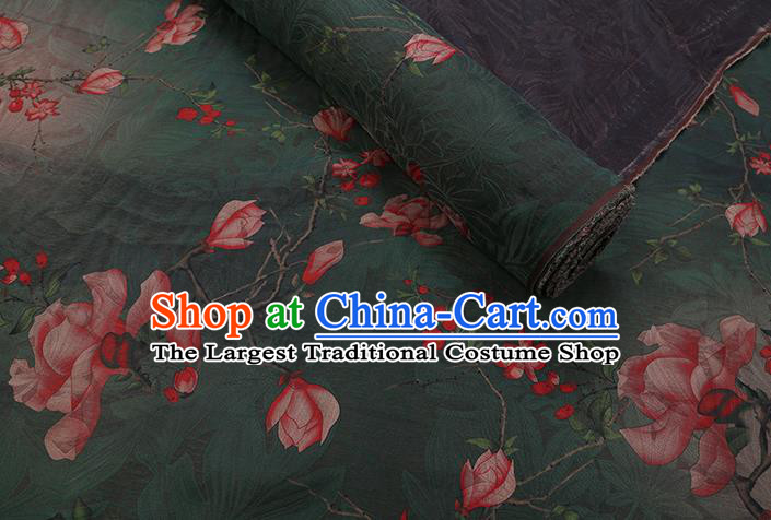 Chinese Classical Mangnolia Pattern Green Gambiered Guangdong Gauze Traditional Cheongsam Silk Fabric