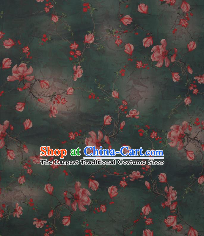 Chinese Classical Mangnolia Pattern Green Gambiered Guangdong Gauze Traditional Cheongsam Silk Fabric