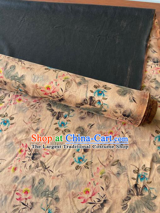 Chinese Classical Ink Lotus Pattern Gambiered Guangdong Gauze Traditional Cheongsam Beige Silk Fabric