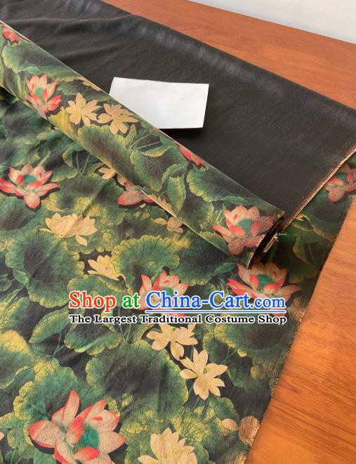 Chinese Classical Lotus Pattern Gambiered Guangdong Gauze Traditional Cheongsam Dark Green Silk Fabric
