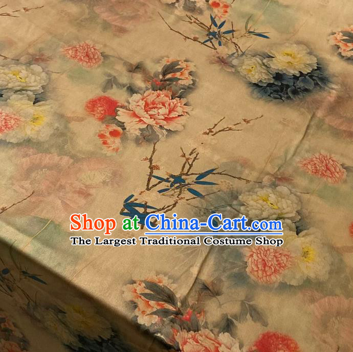 Chinese Cheongsam Classical Peony Pattern Gambiered Guangdong Silk Traditional Watered Gauze Yellow Satin Fabric