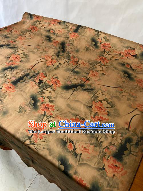Chinese Classical Lotus Pattern Gambiered Guangdong Silk Traditional Watered Gauze Cheongsam Yellow Satin Fabric