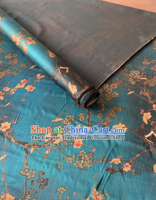 Chinese Classical Plum Blossom Pattern Gambiered Guangdong Silk Traditional Cheongsam Blue Watered Gauze Fabric