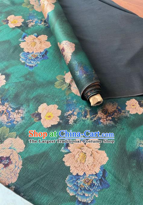Chinese Classical Plum Peony Pattern Gambiered Guangdong Silk Traditional Cheongsam Green Watered Gauze Fabric