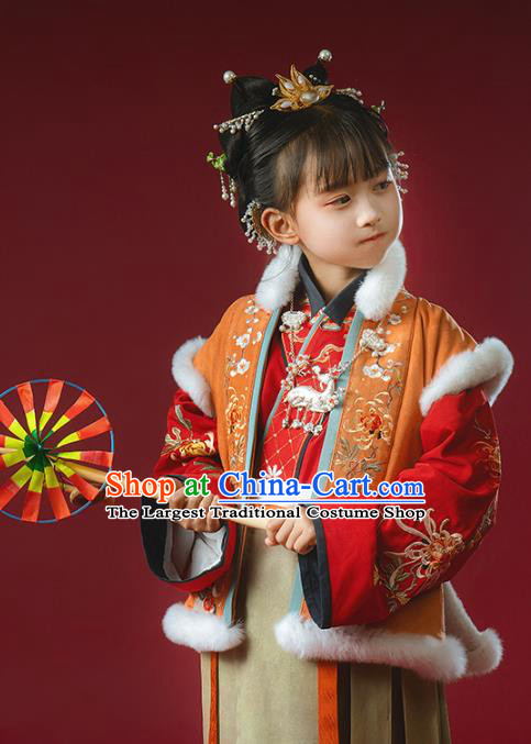 China Ancient Noble Girl Embroidered Hanfu Clothing Traditional Song Dynasty Baby Princess Historical Costumes for Kids