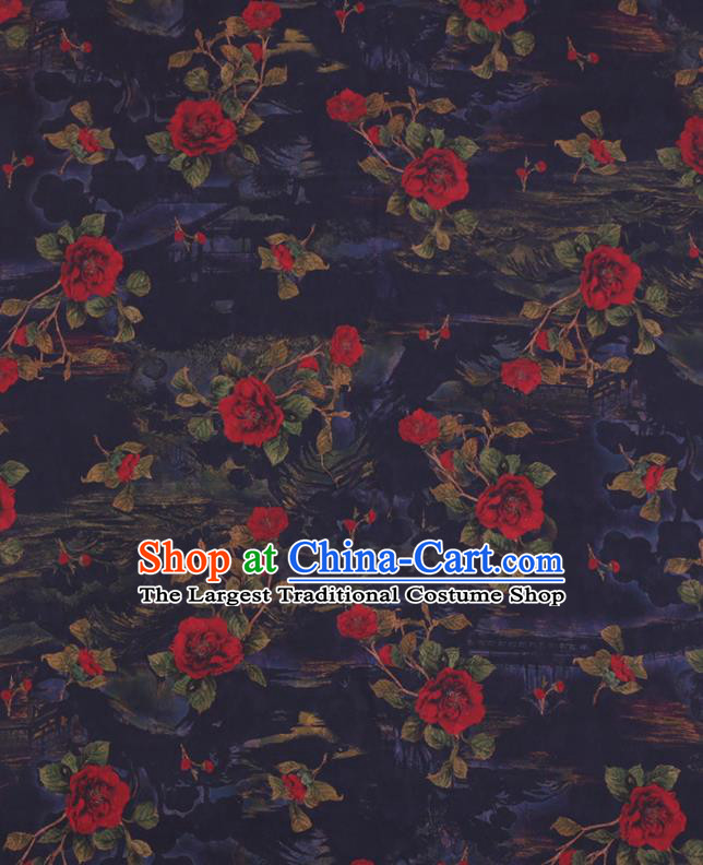 Chinese Classical Roses Pattern Navy Silk Drapery Cheongsam Damask Traditional Gambiered Guangdong Gauze Cloth Fabric