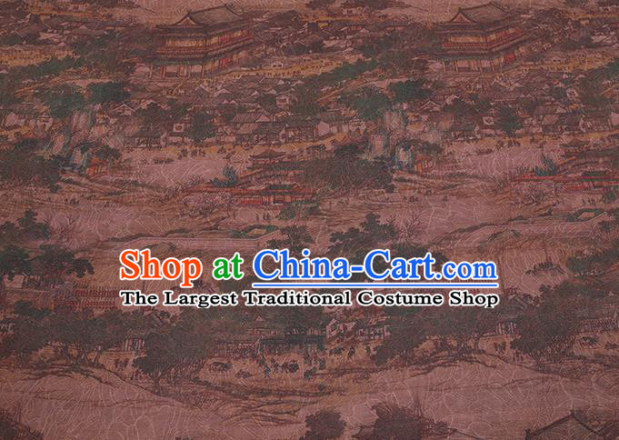 Chinese Cheongsam Brown Damask Traditional Gambiered Guangdong Gauze Cloth Fabric Classical Riverside Scene at Qingming Festival Pattern Silk Drapery