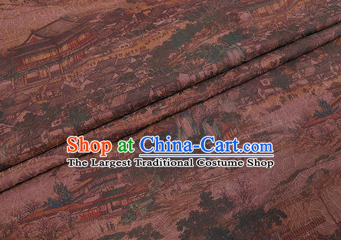 Chinese Cheongsam Brown Damask Traditional Gambiered Guangdong Gauze Cloth Fabric Classical Riverside Scene at Qingming Festival Pattern Silk Drapery