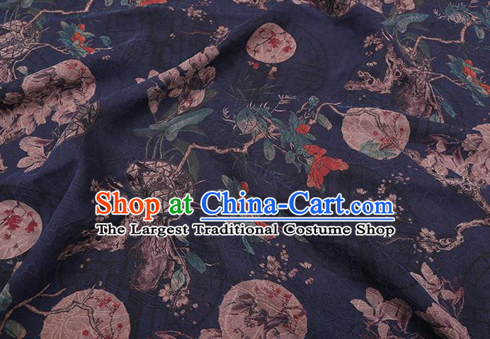 Chinese Traditional Gambiered Guangdong Gauze Cloth Fabric Classical Mangnolia Pattern Navy Silk Drapery Cheongsam Damask