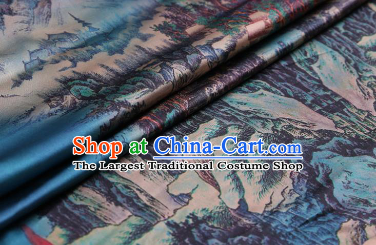 China Traditional Cheongsam Cloth Classical Printing Silk Fabric Blue Satin