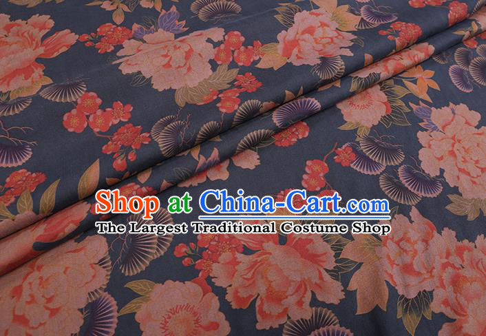 Chinese Classical Peony Pine Pattern Silk Drapery Cheongsam Damask Cloth Fabric Traditional Blue Gambiered Guangdong Gauze