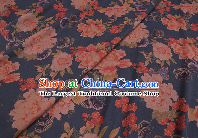 Chinese Classical Peony Pine Pattern Silk Drapery Cheongsam Damask Cloth Fabric Traditional Blue Gambiered Guangdong Gauze