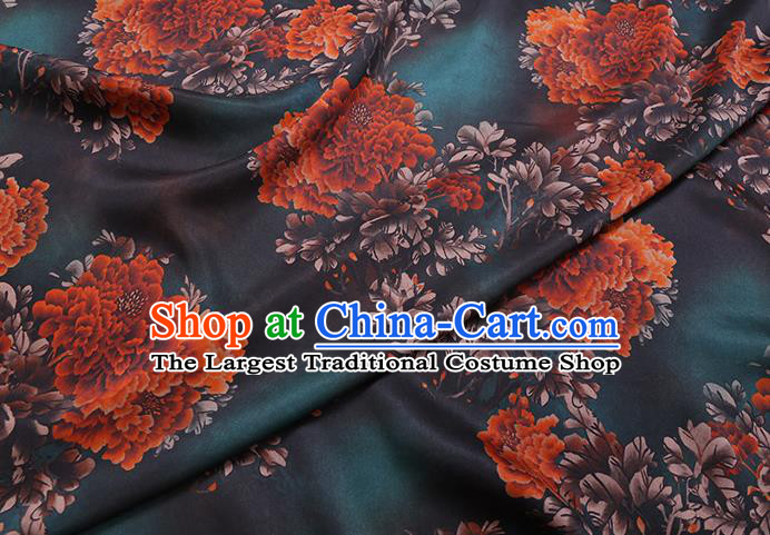 Chinese Classical Peony Pattern Deep Green Silk Drapery Traditional Gambiered Guangdong Gauze Cheongsam Cloth Fabric