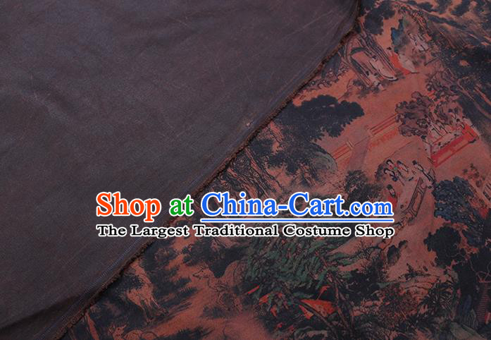 Chinese Traditional Brown Gambiered Guangdong Gauze Cheongsam Fabric Classical Landscape Pattern Silk Drapery