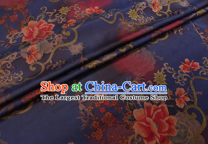 Chinese Traditional Deep Blue Gambiered Guangdong Gauze Cheongsam Fabric Classical Peony Flowers Pattern Silk Drapery