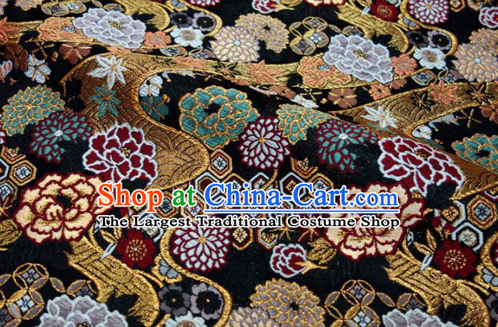 Asian Traditional Peony Chrysanthemum Pattern Design Brocade Japanese Kimono Fabric Nishijin Black Tapestry Satin
