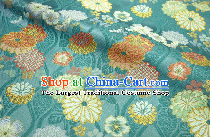 Japanese Traditional Chrysanthemum Pattern Design Brocade Asian Kimono Fabric Nishijin Blue Tapestry Satin