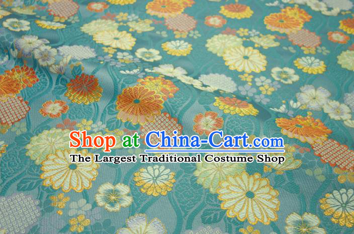 Japanese Traditional Chrysanthemum Pattern Design Brocade Asian Kimono Fabric Nishijin Blue Tapestry Satin