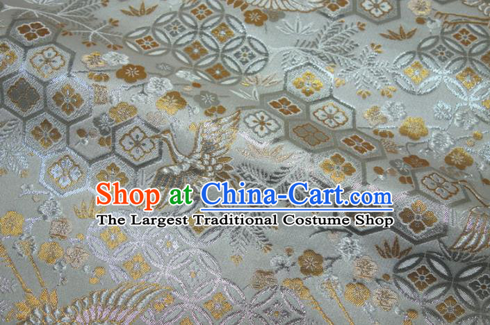 Japanese Traditional Cranes Pattern Design Brocade Nishijin Tapestry Satin Asian Kimono Grey Fabric